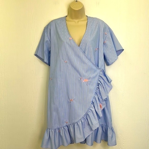 Romeo + Juliet - Flamingo Blue & White Stripe Ruffle Criss Cross Midi Dress Med - Picture 2 of 13